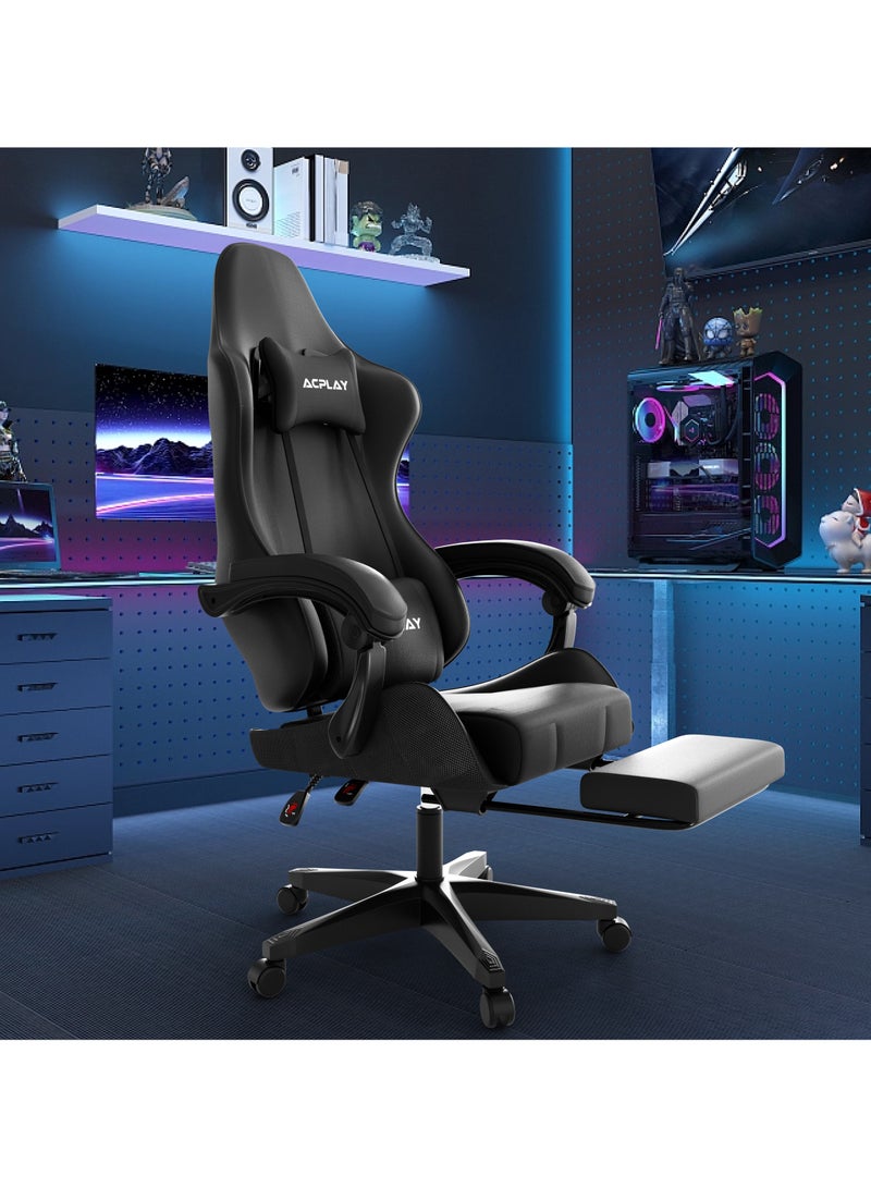 Gaming Chair with Retractable Footrest, Ergonomic Design, High Back, Reclining Function, Height adjustible, Neck and Lumbar Support, Silent Casters - Ideal for Racing, Office, and Computer Use Black