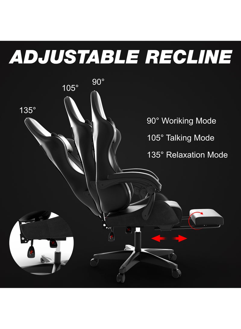 Gaming Chair with Retractable Footrest, Ergonomic Design, High Back, Reclining Function, Height adjustible, Neck and Lumbar Support, Silent Casters - Ideal for Racing, Office, and Computer Use Black