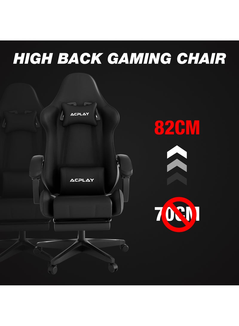Gaming Chair with Retractable Footrest, Ergonomic Design, High Back, Reclining Function, Height adjustible, Neck and Lumbar Support, Silent Casters - Ideal for Racing, Office, and Computer Use Black