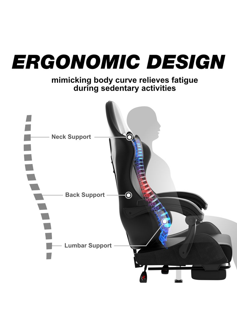 Gaming Chair with Retractable Footrest, Ergonomic Design, High Back, Reclining Function, Height adjustible, Neck and Lumbar Support, Silent Casters - Ideal for Racing, Office, and Computer Use Black