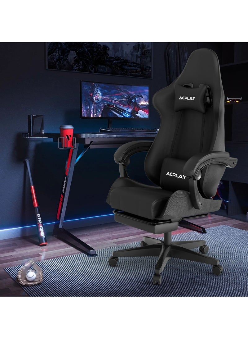 Gaming Chair with Retractable Footrest, Ergonomic Design, High Back, Reclining Function, Height adjustible, Neck and Lumbar Support, Silent Casters - Ideal for Racing, Office, and Computer Use Black