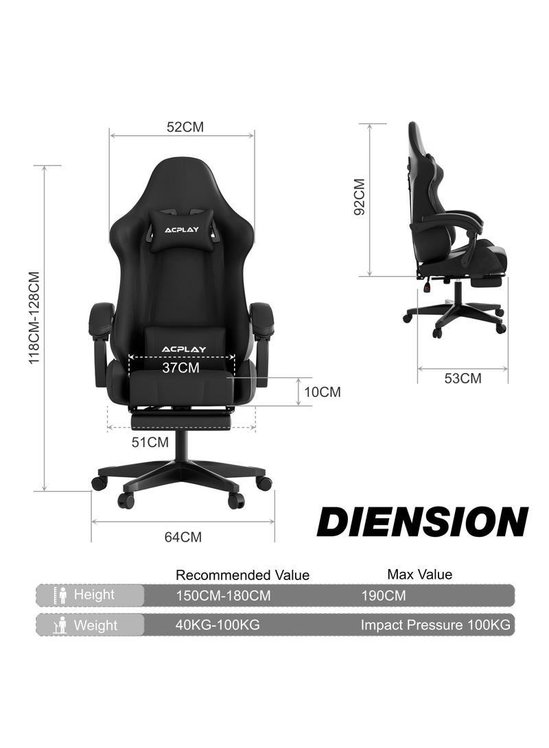 Gaming Chair with Retractable Footrest, Ergonomic Design, High Back, Reclining Function, Height adjustible, Neck and Lumbar Support, Silent Casters - Ideal for Racing, Office, and Computer Use Black