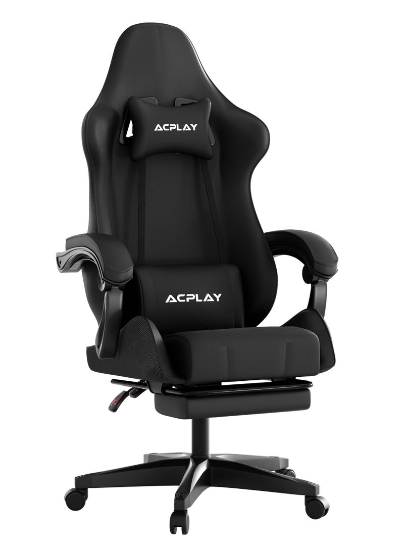 Gaming Chair with Retractable Footrest, Ergonomic Design, High Back, Reclining Function, Height adjustible, Neck and Lumbar Support, Silent Casters - Ideal for Racing, Office, and Computer Use Black