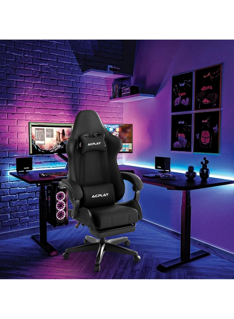 Gaming Chair with Retractable Footrest, Ergonomic Design, High Back, Reclining Function, Height adjustible, Neck and Lumbar Support, Silent Casters - Ideal for Racing, Office, and Computer Use Black