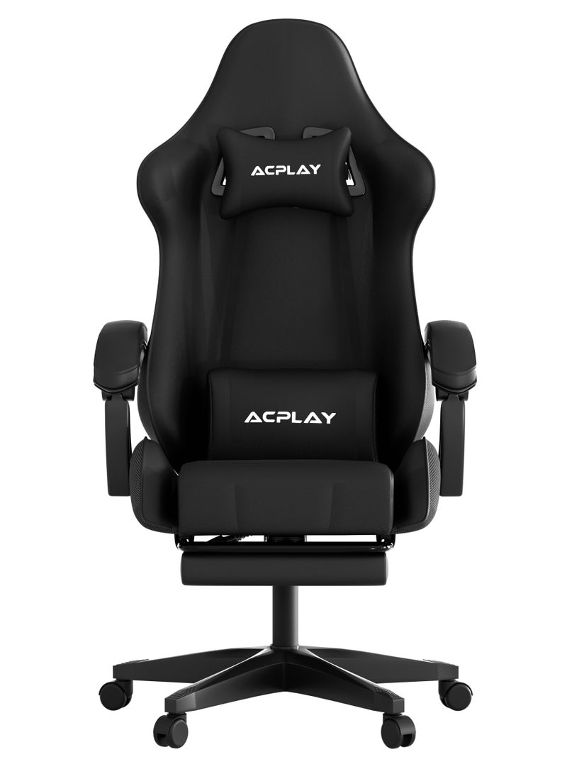 Gaming Chair with Retractable Footrest, Ergonomic Design, High Back, Reclining Function, Height adjustible, Neck and Lumbar Support, Silent Casters - Ideal for Racing, Office, and Computer Use Black