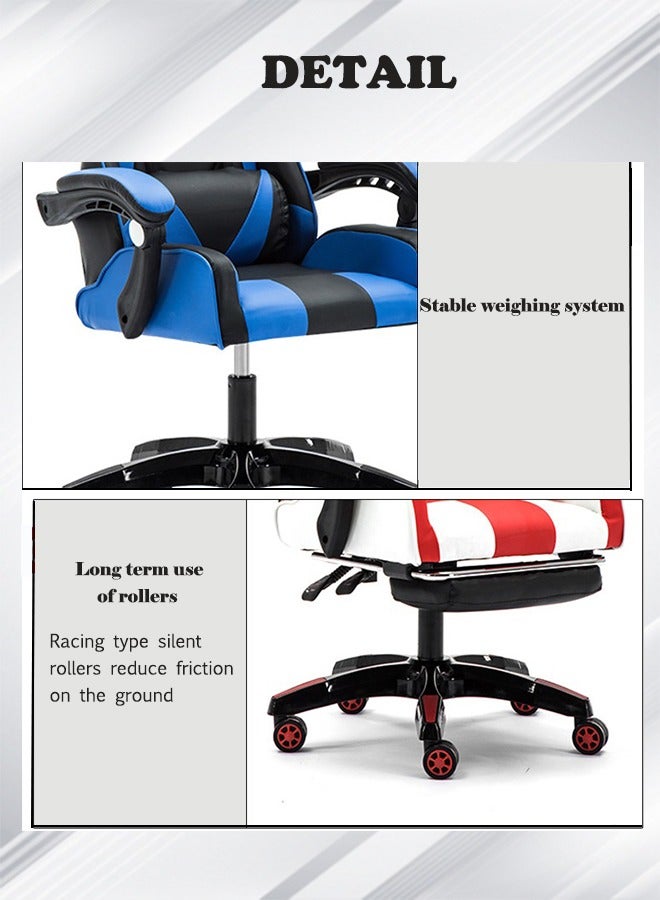 Gaming Chair with Footrest for Adults Ergonomic High Back Office Racing Chair with Armrest Swivel Leather Desk Chairs with Adjustable Headrest and Lumbar Cushion for Office and Home Blue