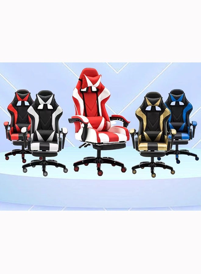 Gaming Chair with Footrest for Adults Ergonomic High Back Office Racing Chair with Armrest Swivel Leather Desk Chairs with Adjustable Headrest and Lumbar Cushion for Office and Home Blue