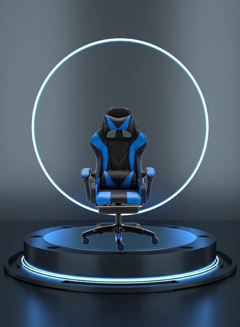 Gaming Chair with Footrest for Adults Ergonomic High Back Office Racing Chair with Armrest Swivel Leather Desk Chairs with Adjustable Headrest and Lumbar Cushion for Office and Home Blue