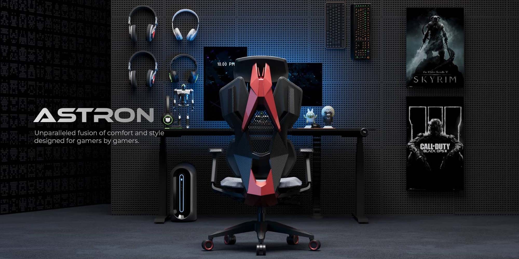 Astron Gaming Chair - Premium Ergonomic Gaming Chair with Multi-Functional Mechanism, Headphone Hanger, Carbon Fiber Textured Frame and Adaptive Shoulder & Lumber Support (Red)