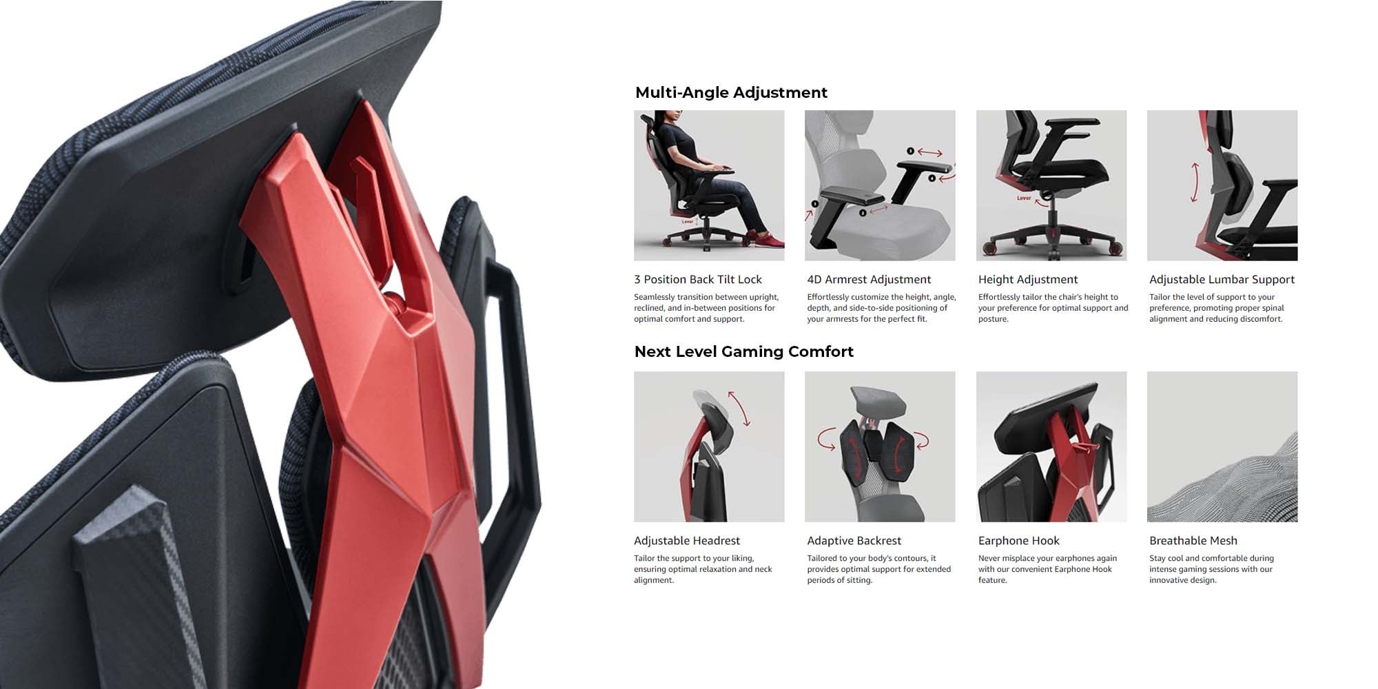 Astron Gaming Chair - Premium Ergonomic Gaming Chair with Multi-Functional Mechanism, Headphone Hanger, Carbon Fiber Textured Frame and Adaptive Shoulder & Lumber Support (Red)