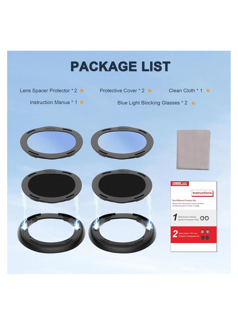 Lens Protector Cover Kit for Meta Quest 3, Protector Accessories Compatible with Oculus Quest 3, Glasses Spacer Anti-Scratch Ring with Blue Light Blocking Glasses for Meta Quest 3