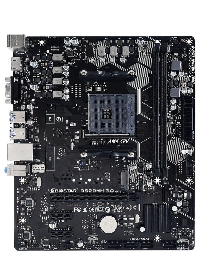 Biostar A520MH 3.0 Ver. 6.0 Micro ATX Motherboard, AMD Socket AM4 CPU, Realtek RTL 8111H, Gigabit Ethernet, Supports Dual Channel DDR4 64GB, 1 x PCIe 3.0 x16 Slot, 4 x SATA III Connectors