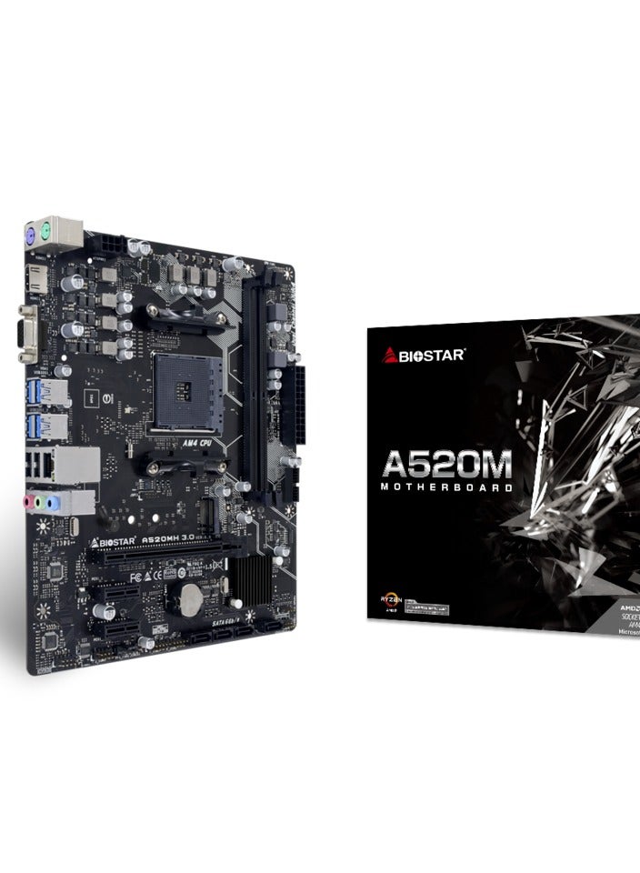 Biostar A520MH 3.0 Ver. 6.0 Micro ATX Motherboard, AMD Socket AM4 CPU, Realtek RTL 8111H, Gigabit Ethernet, Supports Dual Channel DDR4 64GB, 1 x PCIe 3.0 x16 Slot, 4 x SATA III Connectors