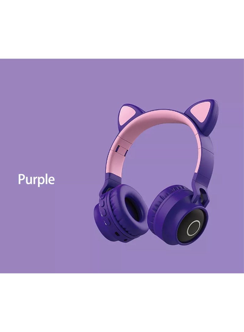 Kids Bluetooth Cat Ear Headphones 5.0 with Mic LED Light Deep Bass Foldable Stereo Wireless Headset