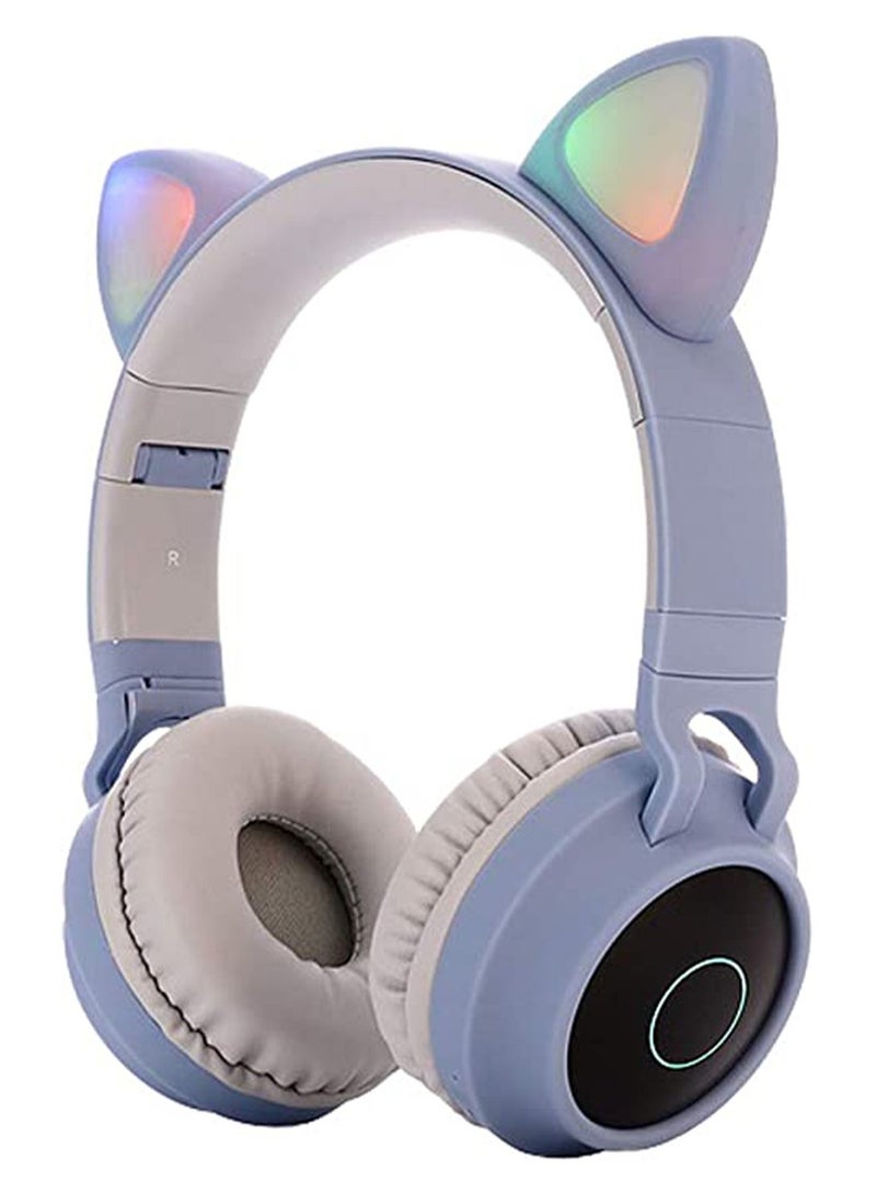 Kids Bluetooth Cat Ear Headphones 5.0 with Mic LED Light Deep Bass Foldable Stereo Wireless Headset