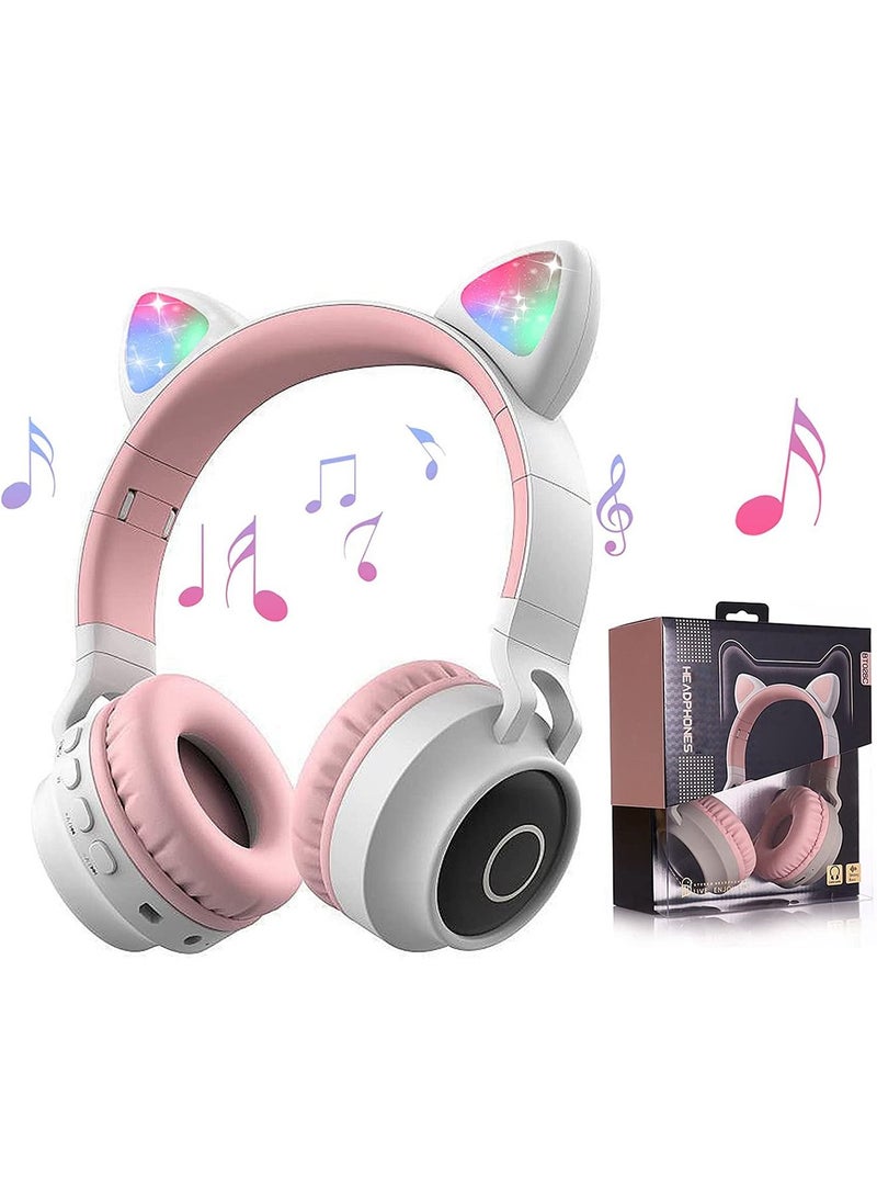 Kids Bluetooth Cat Ear Headphones 5.0 with Mic LED Light Deep Bass Foldable Stereo Wireless Headset