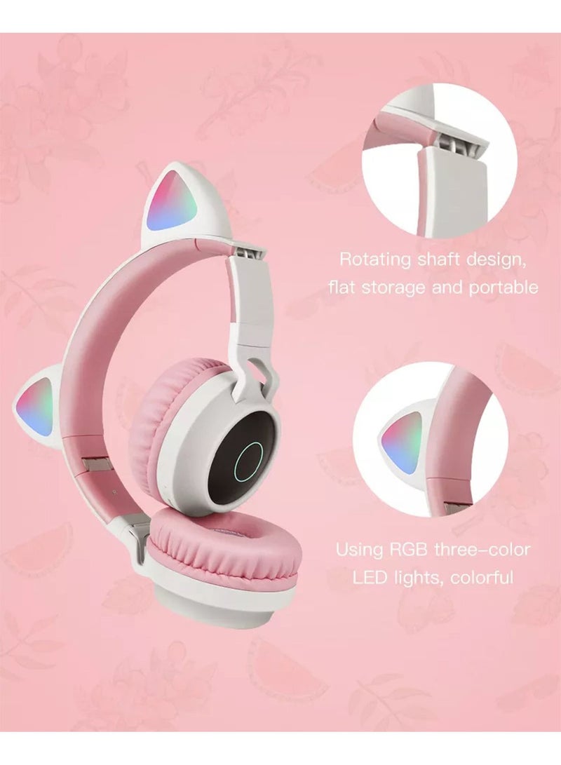 Kids Bluetooth Cat Ear Headphones 5.0 with Mic LED Light Deep Bass Foldable Stereo Wireless Headset