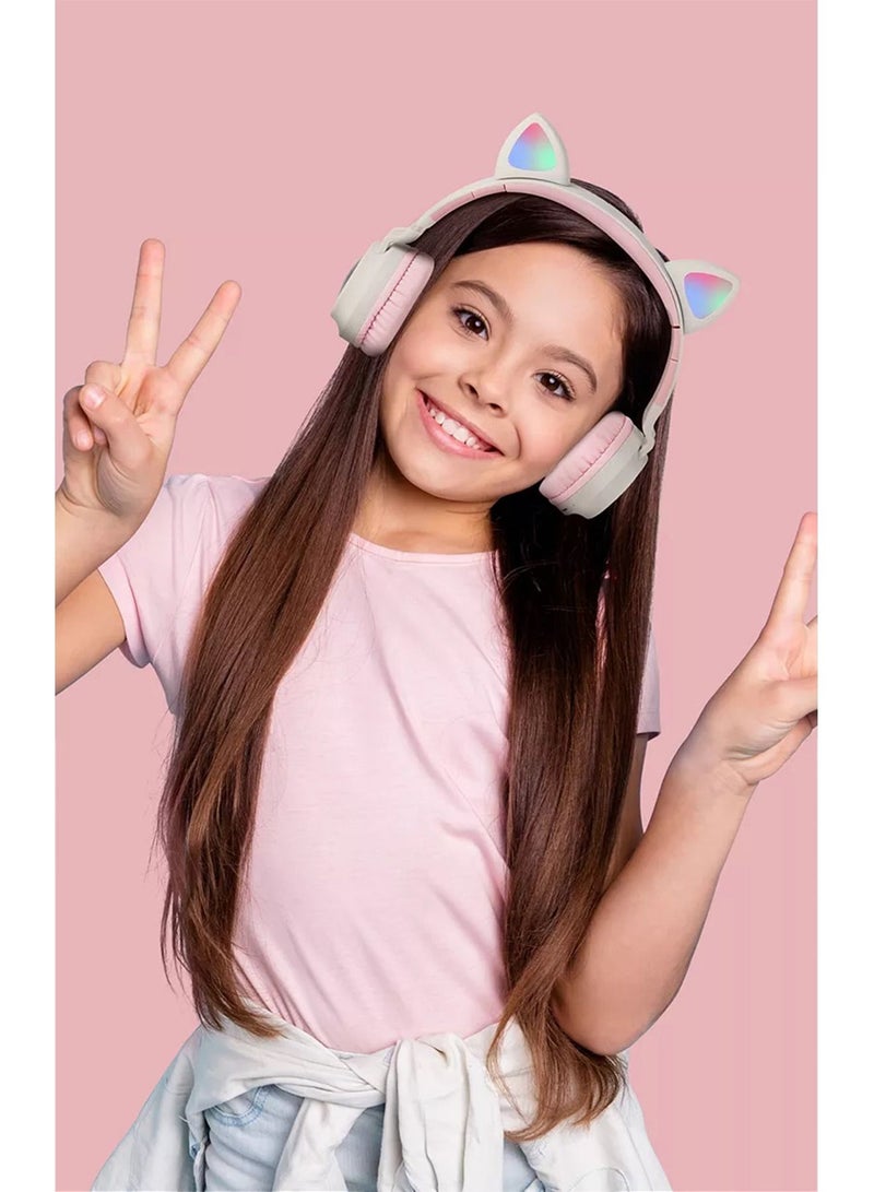 Kids Bluetooth Cat Ear Headphones 5.0 with Mic LED Light Deep Bass Foldable Stereo Wireless Headset