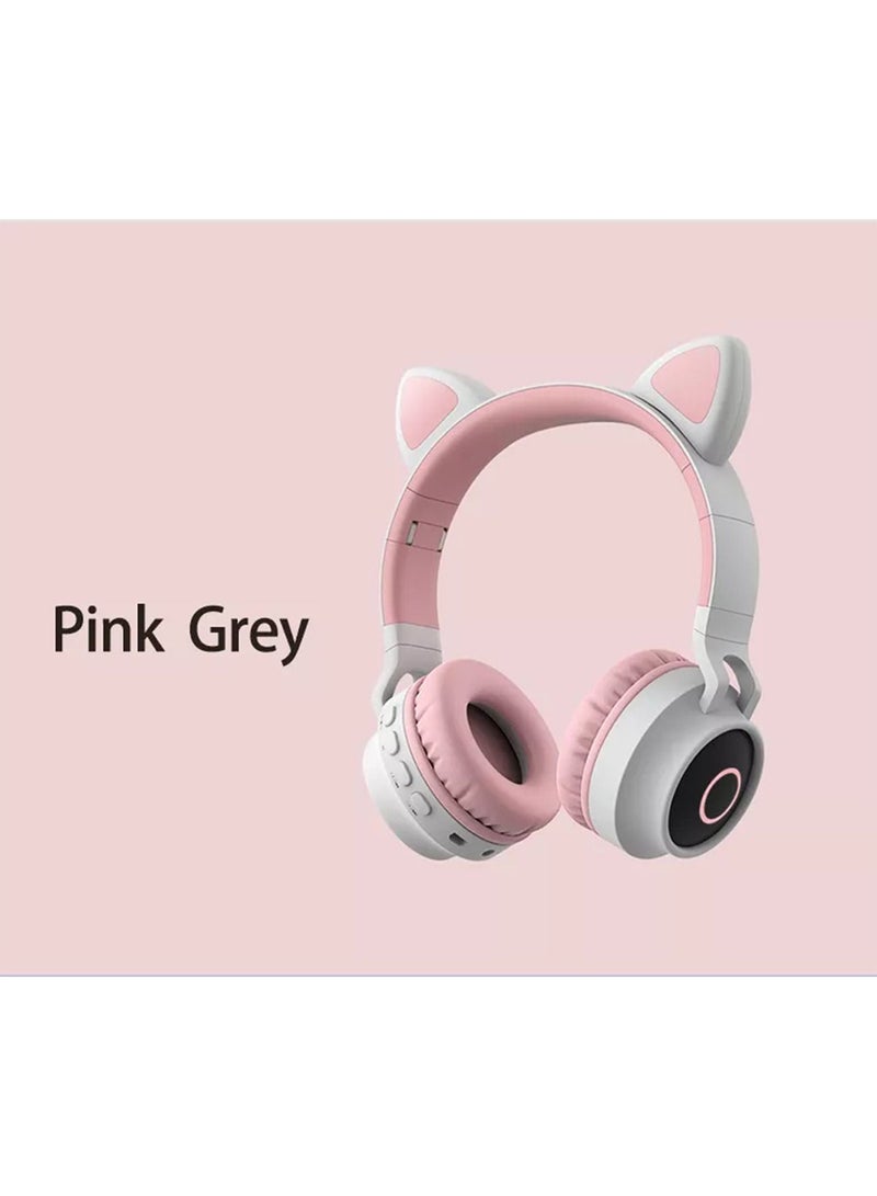 Kids Bluetooth Cat Ear Headphones 5.0 with Mic LED Light Deep Bass Foldable Stereo Wireless Headset