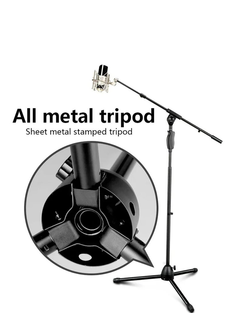 Upgraded Microphone Stand Push-Type Quick Height Adjustment Single Microphone Clip Folding Portable Tripod Microphone Stand Suitable for Live Broadcast Singing Speech Stage Outdoor Performance