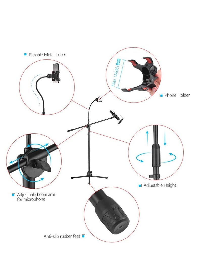 Metal Microphone Floor Stand Tripod Adjustable Height with Boom Arm 1 Mic Holders & 1 Smartphone Holder for Studio Outdoor Cellphone Live Streamin