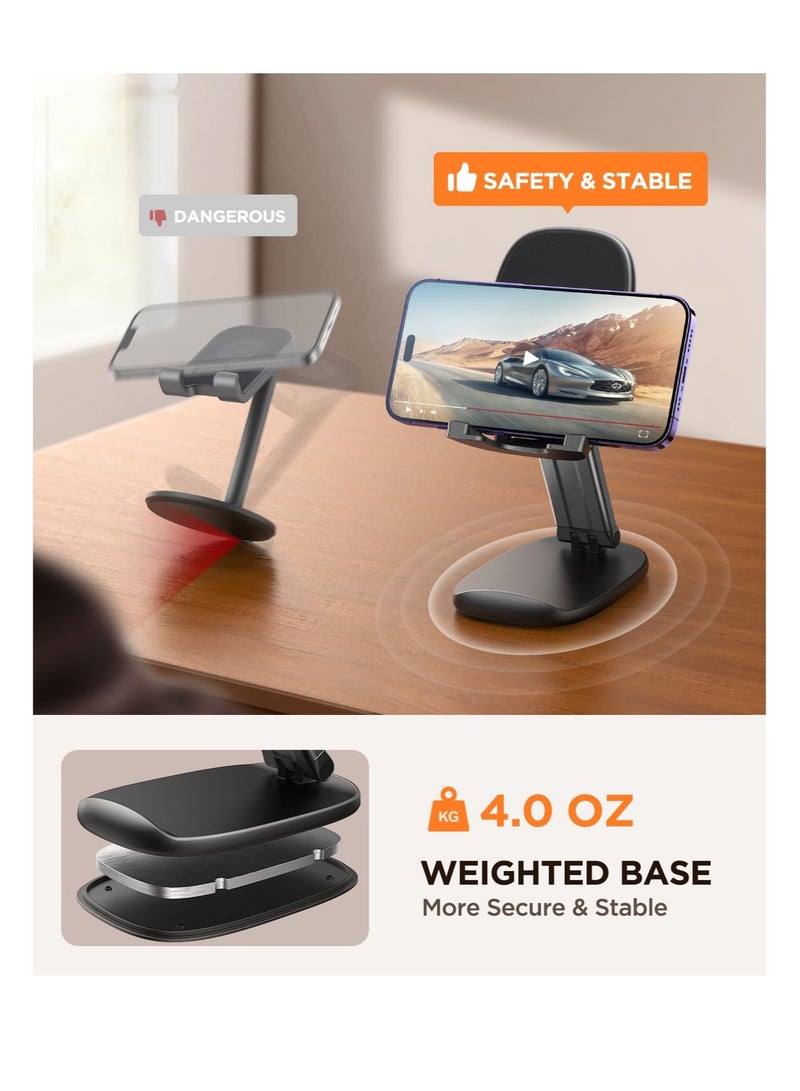 Desk Cell Phone Stand, Foldable Phone Stand, Metal Counterweight Base & Height Angle Adjustable Phone Stand, for 4.7