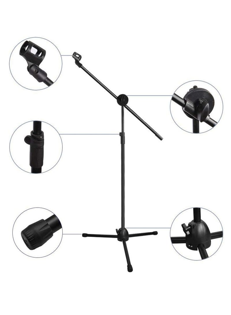 Microphone Stand Adjustable Height Dual Mic Clip Folding Type Portable Tripod Mic Holder for Live Stream Singing Speech Stage Outdoor Show