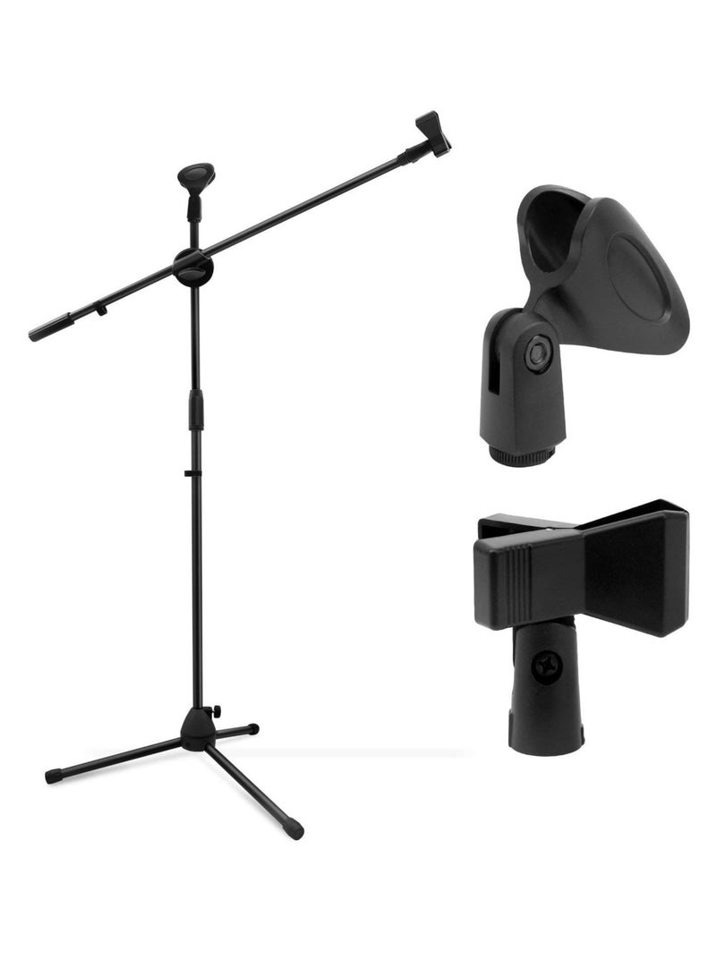 Microphone Stand Adjustable Height Dual Mic Clip Folding Type Portable Tripod Mic Holder for Live Stream Singing Speech Stage Outdoor Show