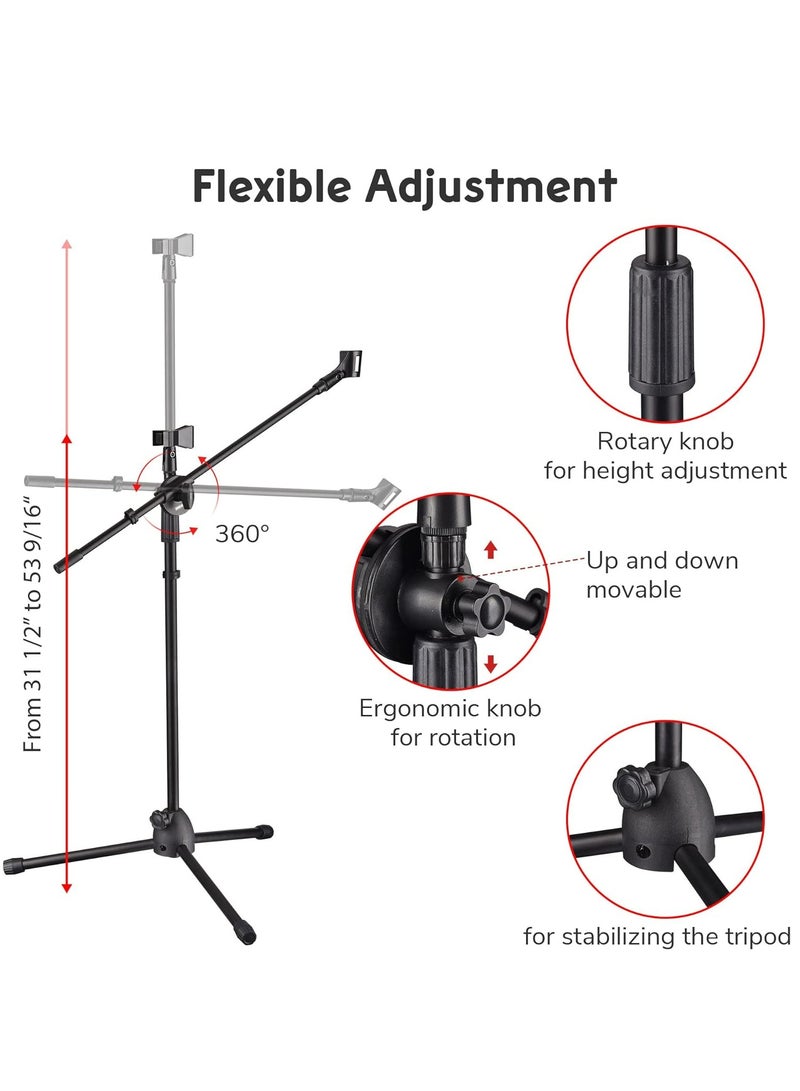 Microphone Stand Adjustable Height Dual Mic Clip Folding Type Portable Tripod Mic Holder for Live Stream Singing Speech Stage Outdoor Show