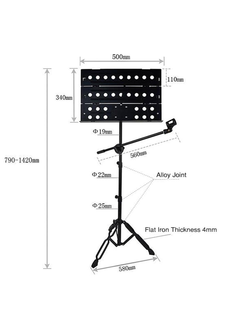 Sheet Music Stand Professional with Microphone Holder 2 in 1 Sheet Stand,Widened Panel, Thickened Pipe Wall, Adjustable Height Lifting Music Stand,  Folding Plate Metal with Portable Bag