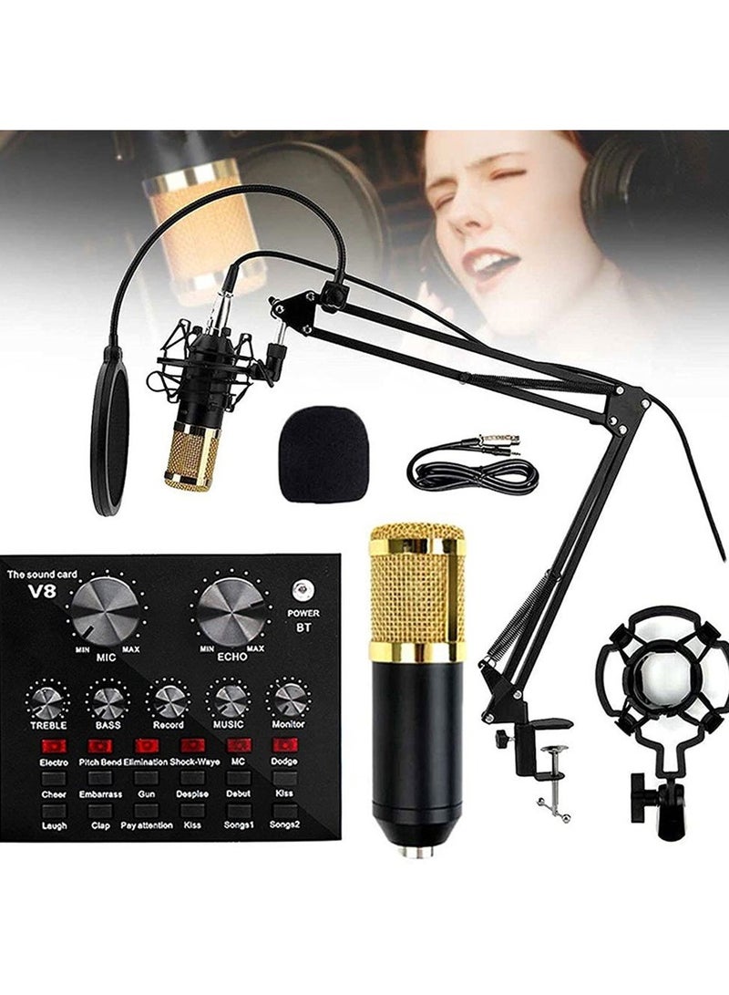 Microphone,Live Sound Card & BM800 Suspension Microphone Kit Broadcasting Recording Condenser Microphone Set Intelligent Volume Audio Mixer Sound Card for Computer PC Live Sound