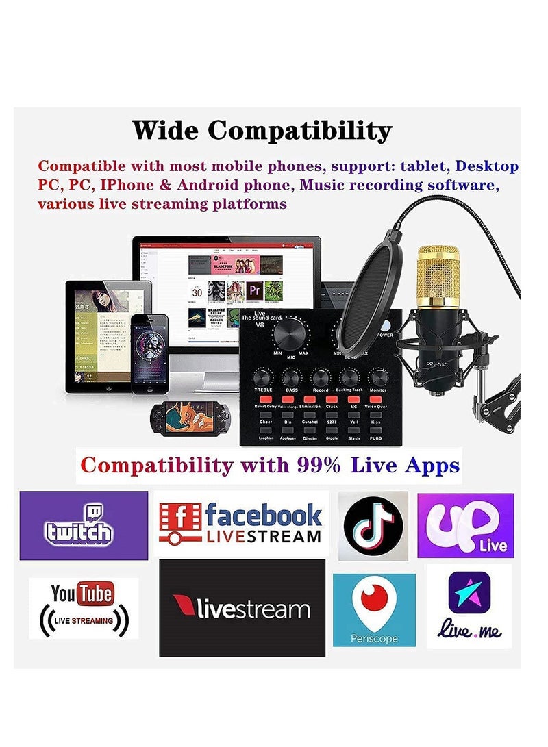 Microphone,Live Sound Card & BM800 Suspension Microphone Kit Broadcasting Recording Condenser Microphone Set Intelligent Volume Audio Mixer Sound Card for Computer PC Live Sound