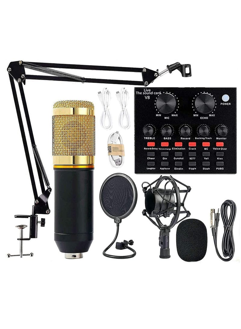 Microphone,Live Sound Card & BM800 Suspension Microphone Kit Broadcasting Recording Condenser Microphone Set Intelligent Volume Audio Mixer Sound Card for Computer PC Live Sound