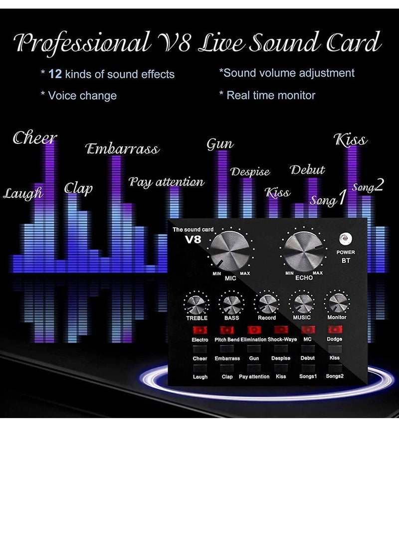 Microphone,Live Sound Card & BM800 Suspension Microphone Kit Broadcasting Recording Condenser Microphone Set Intelligent Volume Audio Mixer Sound Card for Computer PC Live Sound