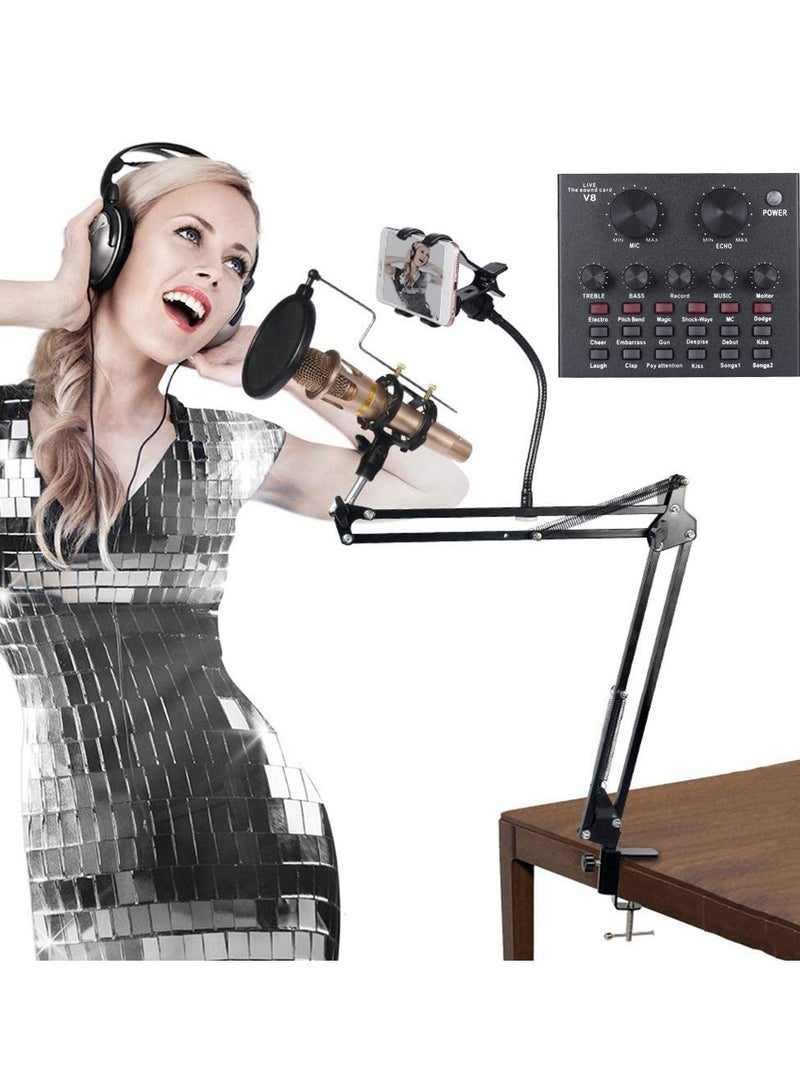 Microphone,Live Sound Card & BM800 Suspension Microphone Kit Broadcasting Recording Condenser Microphone Set Intelligent Volume Audio Mixer Sound Card for Computer PC Live Sound