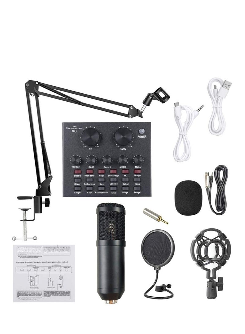 Microphone,Live Sound Card & BM800 Suspension Microphone Kit Broadcasting Recording Condenser Microphone Set Intelligent Volume Audio Mixer Sound Card for Computer PC Live Sound