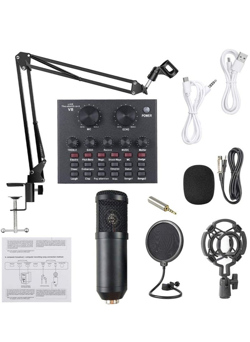 Microphone,Live Sound Card & BM800 Suspension Microphone Kit Broadcasting Recording Condenser Microphone Set Intelligent Volume Audio Mixer Sound Card for Computer PC Live Sound