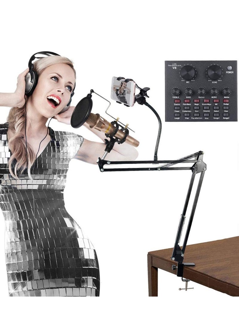 Microphone,Live Sound Card & BM800 Suspension Microphone Kit Broadcasting Recording Condenser Microphone Set Intelligent Volume Audio Mixer Sound Card for Computer PC Live Sound