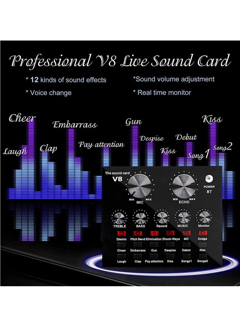 Microphone,Live Sound Card & BM800 Suspension Microphone Kit Broadcasting Recording Condenser Microphone Set Intelligent Volume Audio Mixer Sound Card for Computer PC Live Sound