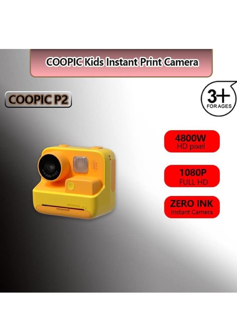 Kids Instant Print Photo Videos Digital Camera Yellow 1080P Full-HD with Color Pens Thermal Print Papers Stickers Lanyard and 32GB Micro SD Slot Not Included