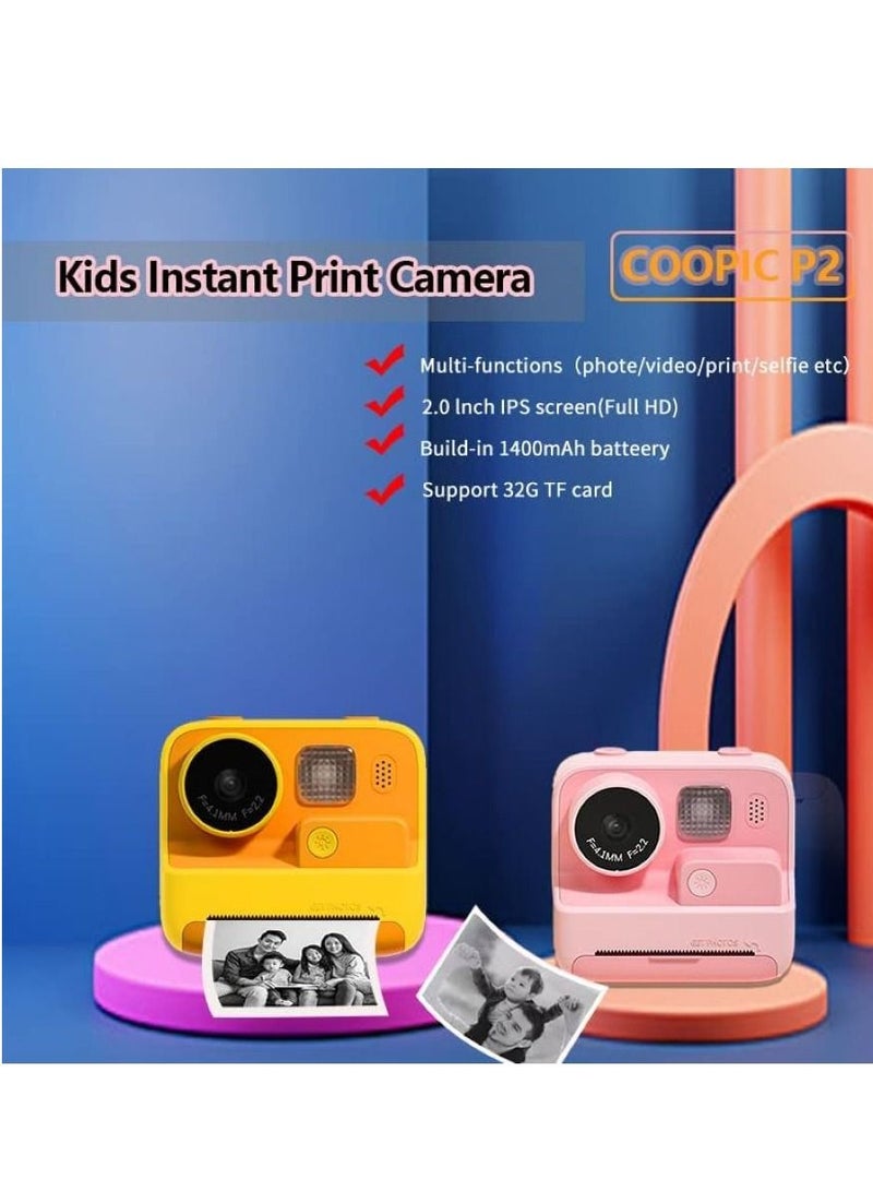 Kids Instant Print Photo Videos Digital Camera Yellow 1080P Full-HD with Color Pens Thermal Print Papers Stickers Lanyard and 32GB Micro SD Slot Not Included