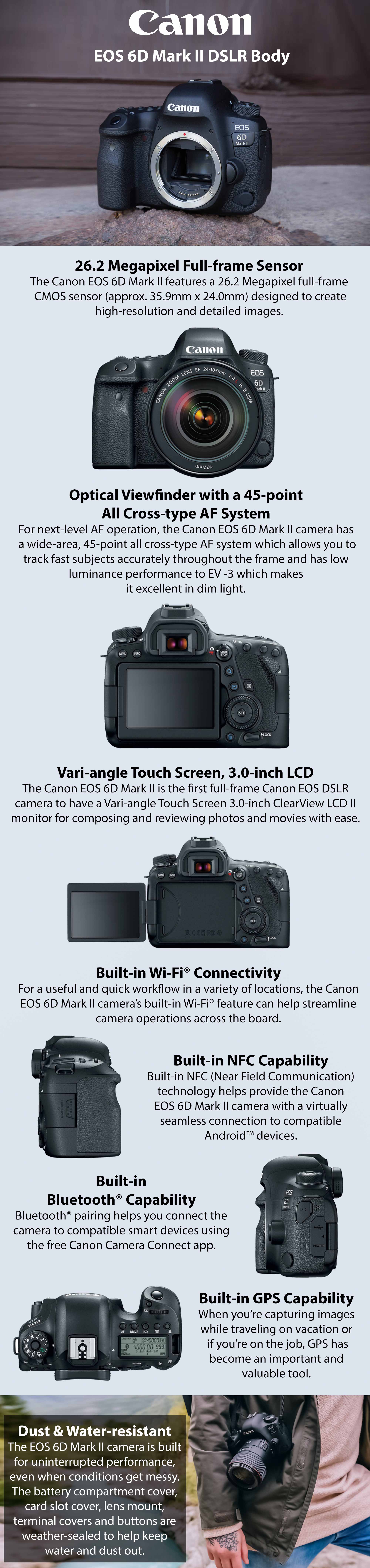 EOS 6D Mark II DSLR Body 26.2MP With LCD Touchscreen, Built-In Wi-Fi, NFC, Bluetooth And GPS Geotagging Technology Black
