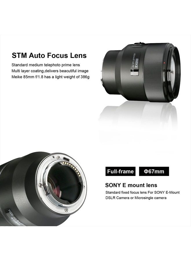 85mm F1.8 Full Frame AF STM(A Stepping Motor) Lens Large Aperture Auto Focus Medium Telephoto Fixed Prime Portrait Lens for Sony E Mount Mirrorless Cameras A9 A7III A7II A7 A7R3 A7R4