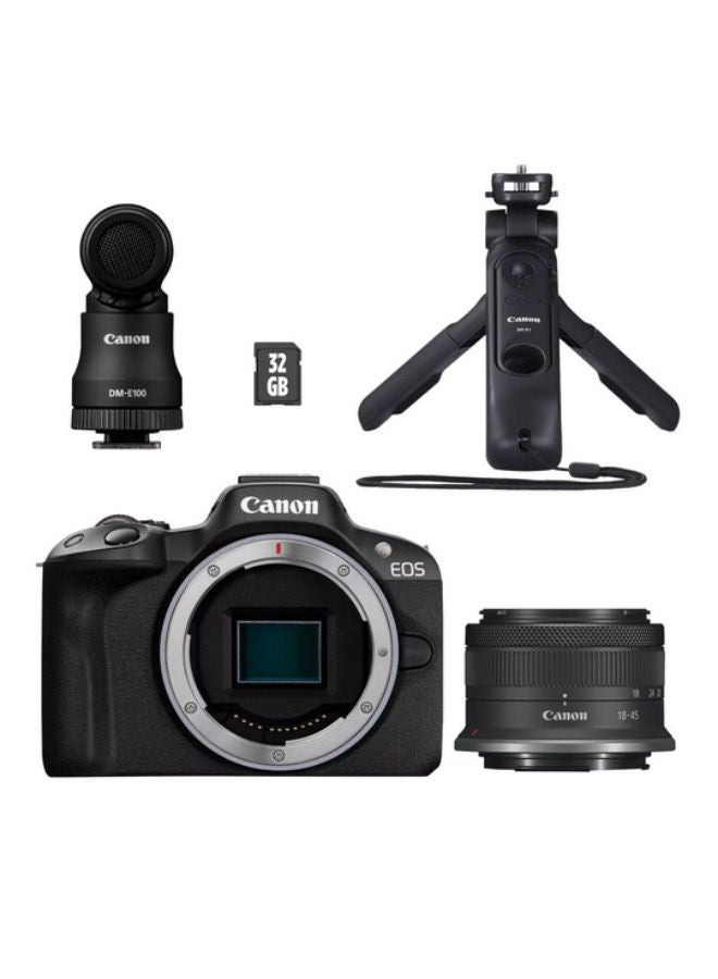 EOS R50 Mirrorless Camera Content Creator Kit, Black including RF-S18-45mm F4.5-6.3 IS STM Lens (Upgraded M50 Mark II Model)