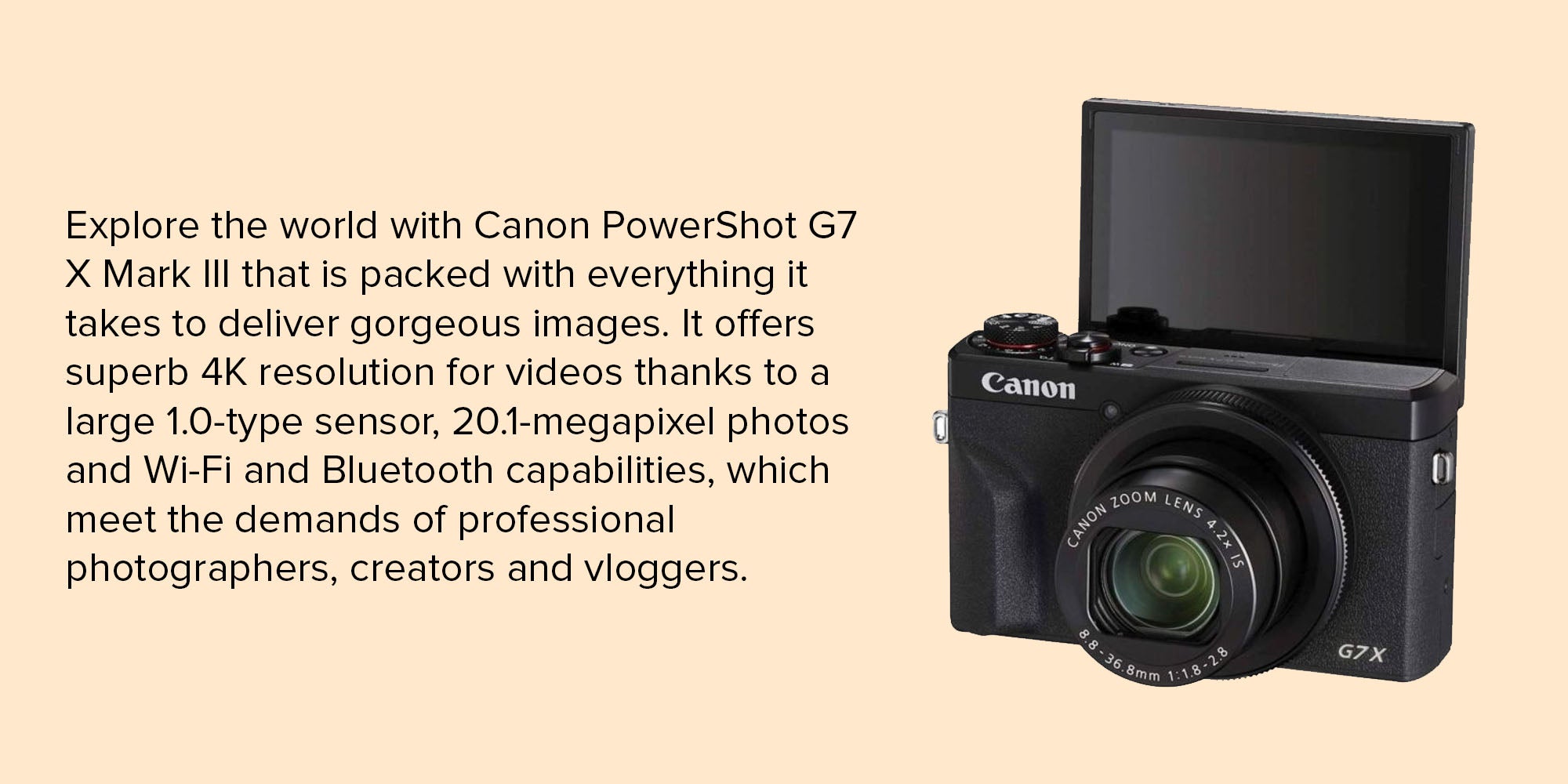 PowerShot G7 X Mark III Point And Shoot Camera 20.1MP 4.2x Zoom With Tilt Touchscreen, Built-In Wi-Fi And Bluetooth Black