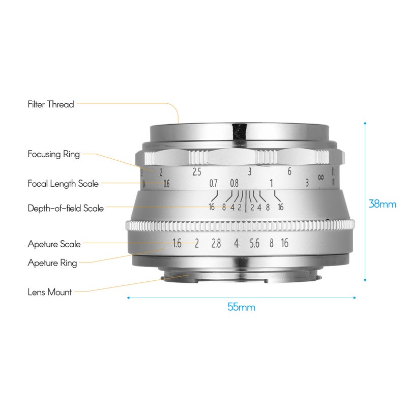 35mm F1.6 Manual Focus Camera Lens For Olympus Silver