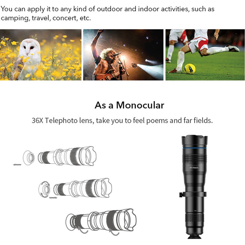 APL-JS36XJJ04 HD 36X Metal Single-tube Telescope Telephoto Lens Black