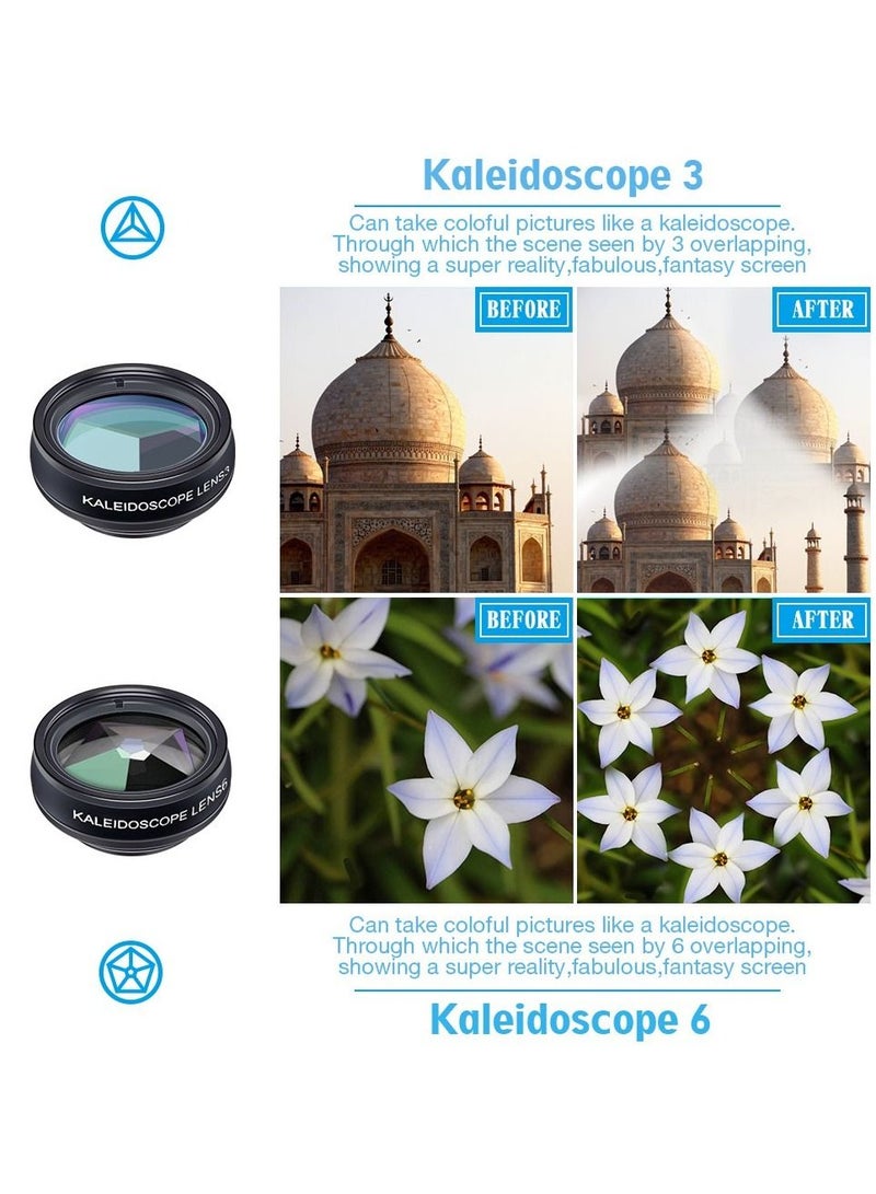 APEXEL 10 in 1 Phone Camera Lens Kit Fisheye Wide Angle Macro Lens CPL Filter Kaleidoscope and 2X Telescope Lens for Smartphone