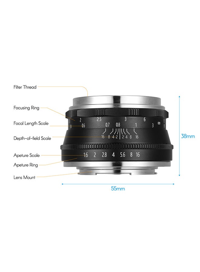 35mm F1.6 Manual Focus Lens 3.5cm Black/Silver