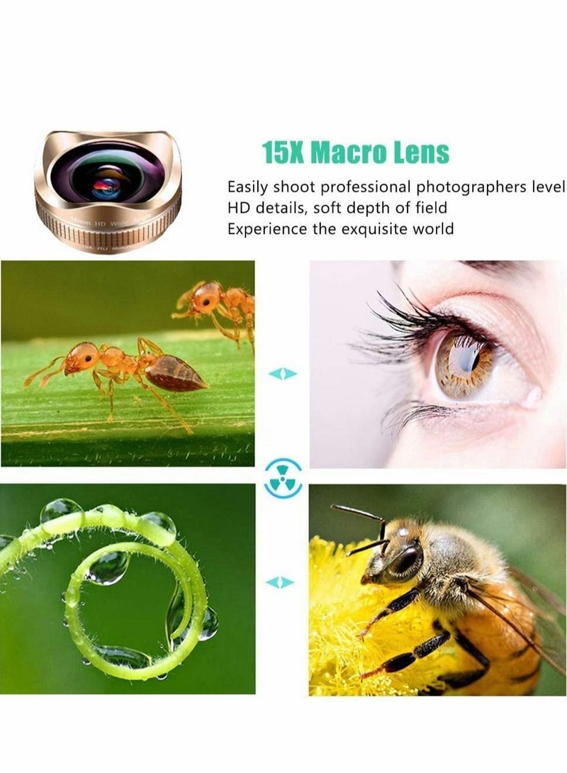 Phone Camera Lens,Clip on Cell Phone Lens Kit Compatible with Most Phones,Most Smartphones, 4K HD 2 in 1 120° Wide Angle Lens, 15X Macro Lens, No Distortion